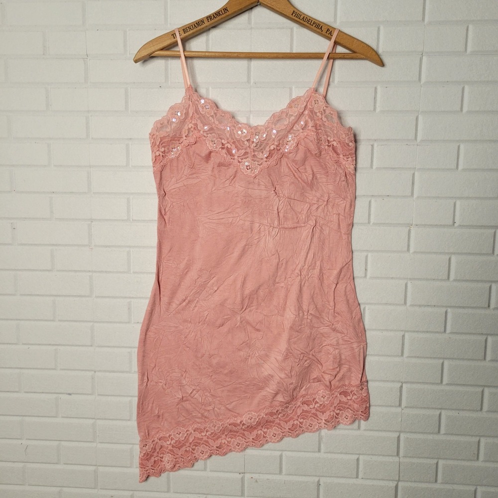 Vintage 2000s Guess Camisole Chemise S Pink Lace Trim Asymmetric Coquette‎